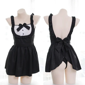 

Women Maid outfit Nightdress Cute Bowknot Backless Pajamas Homewear Teen Girls Student Sexy Black Maid suit Underwear Cosplay