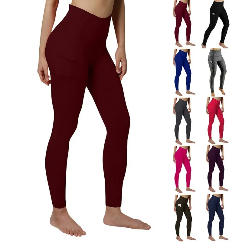 Sports Gym Long Pants Ladies Solid Color High Waist Fitness Hip Lifting Pants Side Pocket Running Yoga Pants Dropship