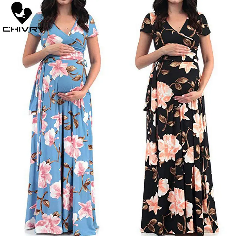 Chivry-vestido de maternidad con estampado Floral para mujer, maxivestido  largo de manga corta con cuello en V, ropa informal para embarazadas,  vestido de maternidad de verano - AliExpress