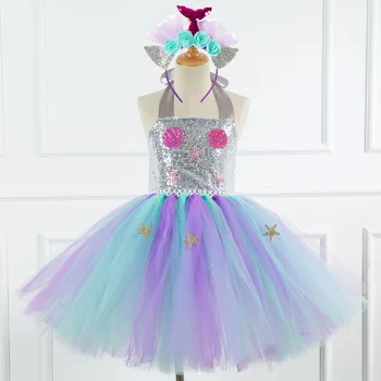 

Children's Shell See Star Sequined Mesh Tutu Girls Princess Party Dress Pageant Christmas Cosplay Costume + Headband