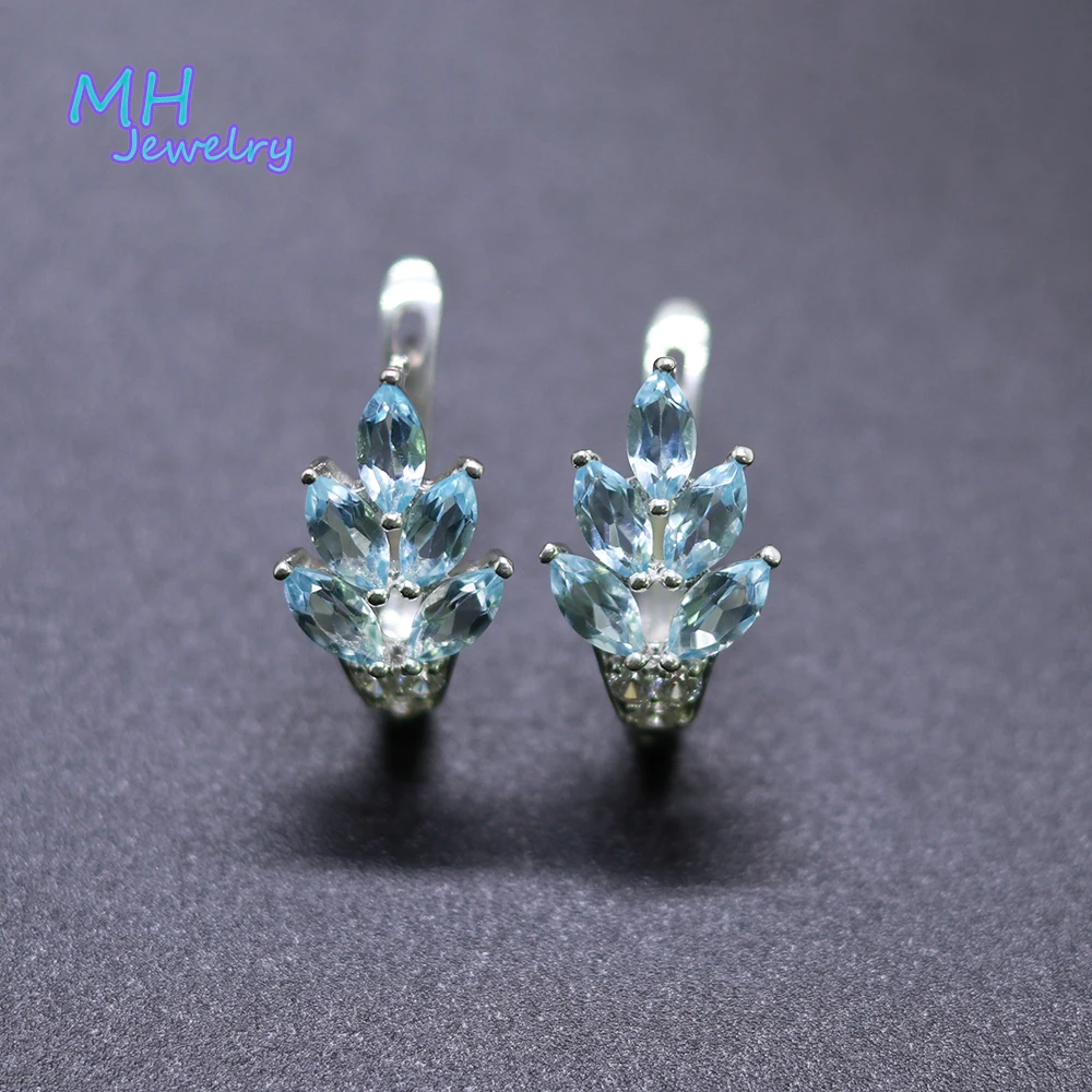 

MH 100% natural blue topaz good leaf Earring Sterling 925 Silver Fine Jewelry For Women Lady Party wedding engagement Gift