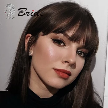 

BRIDE Synthetic Wig With Neat Bangs Long Dark Brown Straight Wigs Heat Resistant Natural Wig Include Cap For Party Daily Use