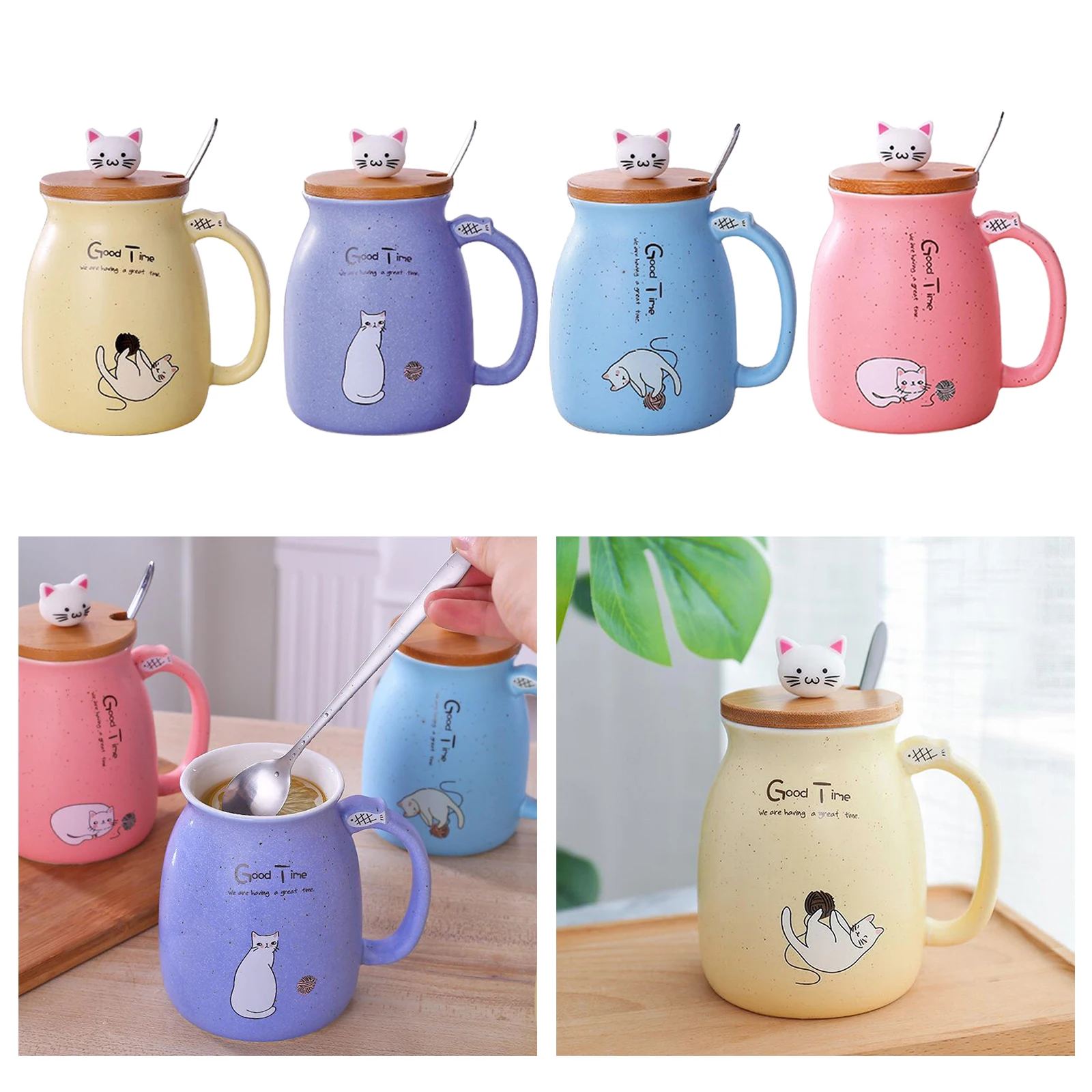 Cute Cat Ceramic Cup Hot Cold Tea Cup Milk Coffee Mug with Spoon Lid Pink