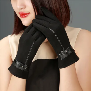 

Fashion women winter touch screen mittens gloves Women soft Cotton Bow Plus velvet Warm Gloves driving mittens gloves D35