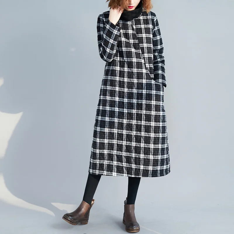 

2019 Autumn And Winter New Style Literature And Art Large Size Mid-length Thick Quilted High Collar Plaid Long Sleeve Warm Dress