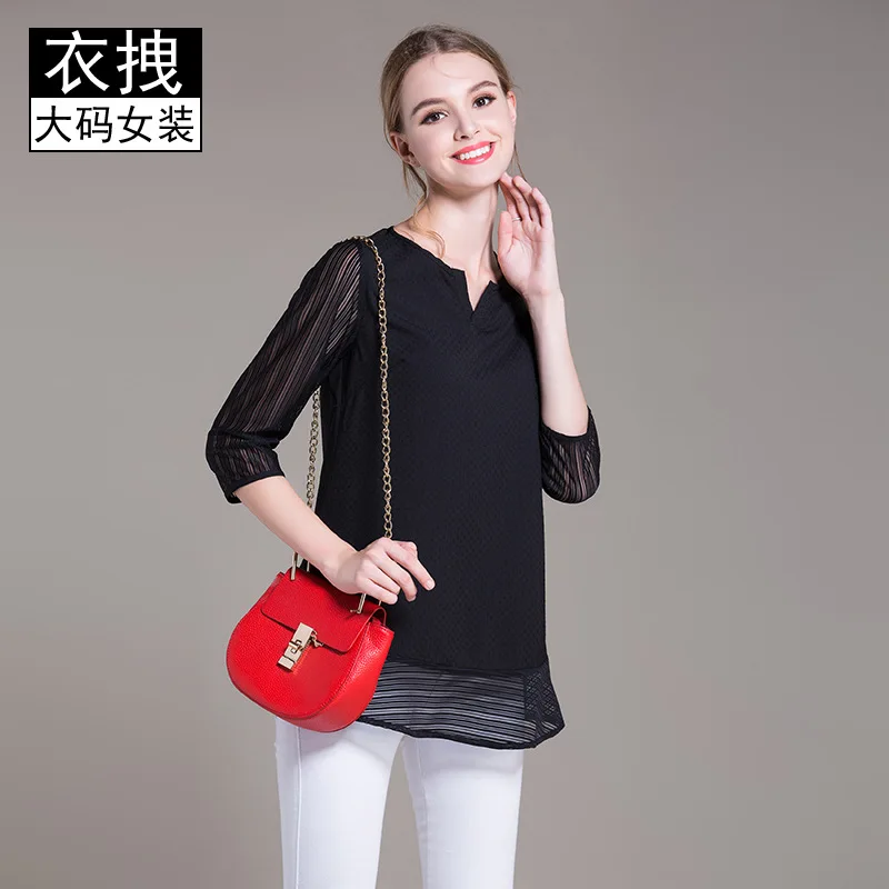 

Three-quarter-length Sleeve Chiffon Blouse Large GIRL'S Loose Autumn New Style Women's Plus-sized Base Shirt Plus-sized WOMEN'S