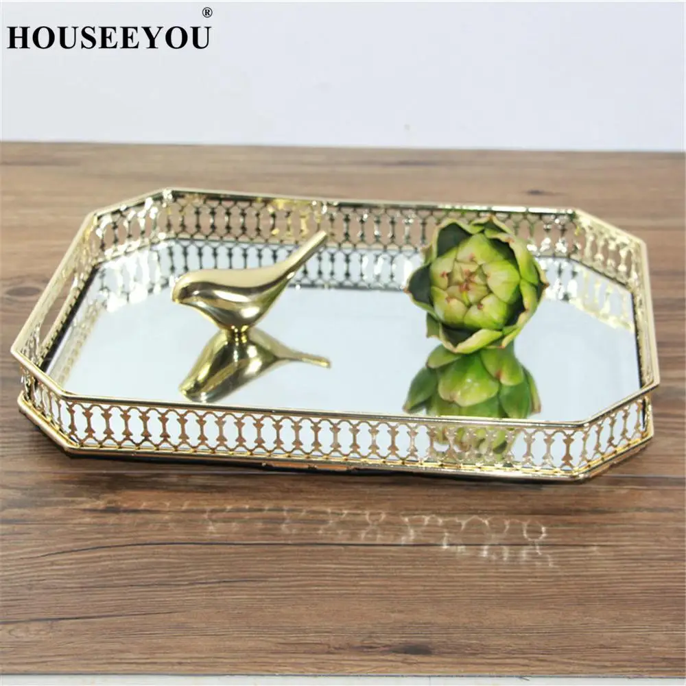 

European Luxury Golden Metal Rectangular Round Tray Jewelry Makeup Tools Organizer Case Sundries Box Home Storage Accessories