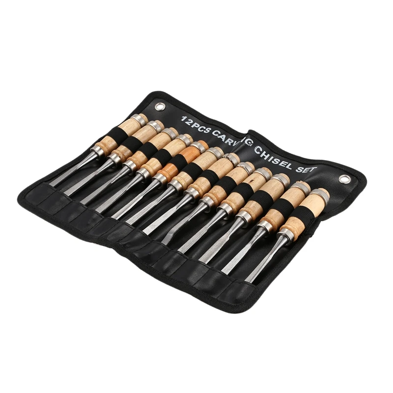 12pc Wood Carving Chisel Gouge Set Brass with handy leather storage pouch