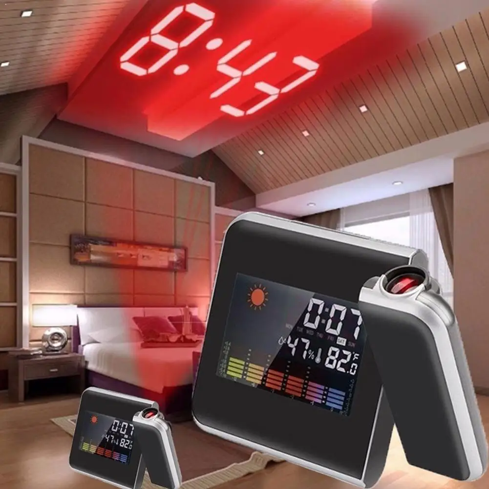 LED Digital Projection Alarm Clock Weather Thermometer Calendar Backlight snooze 