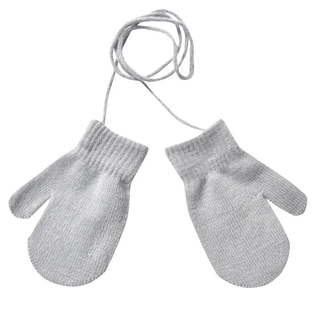 Детские зимние теплые однотонные вязаные милые перчатки с завязками