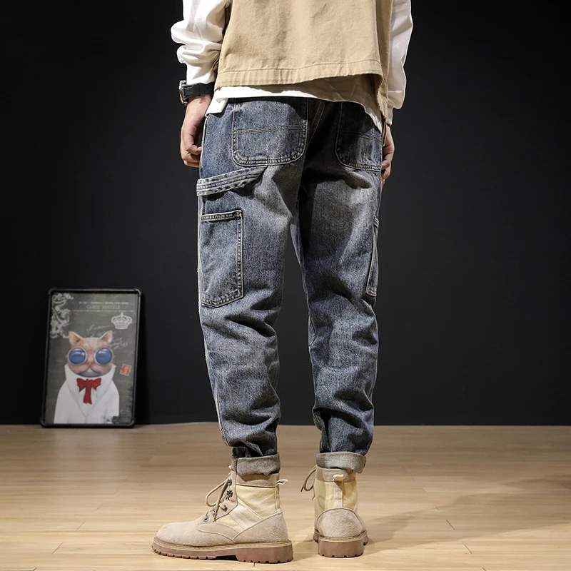 Streetwear Fashion Jeans Retro Blue Loose Fit Casual Denim Cargo Pants High Quality Hip Hop Wide Leg Harem Jeans For Men
