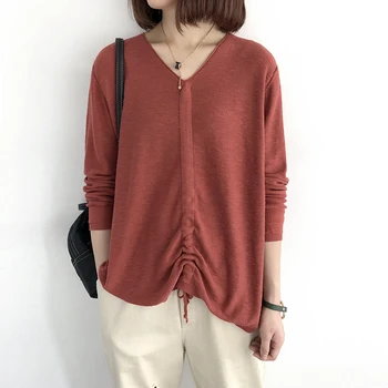 

Autumn New Rope-drawing Sweater Woman Loose Thin Cotton Sweater Women Oversize Basic Knitted V-neck New Arrival
