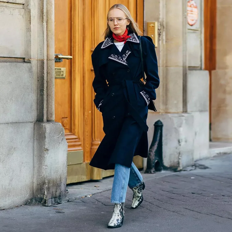 

vintage floral embroidery women coat turn-down collar 3/4 sleeves double breasted buttons tie belt plus size long trench coat