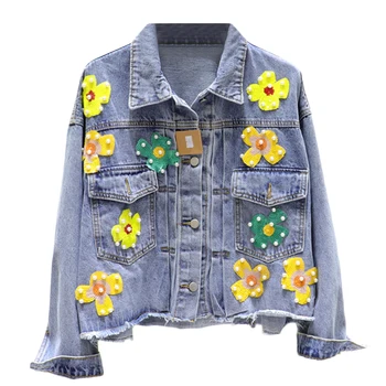 

Autumn New Fashion Sequins Flower Short Denim Jacket Women Long Sleeve Vintage Jeans Jacket Women Loose Basic Coat tide Q1374