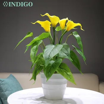 

INDIGO- Yellow Calla Bouquet (18pcs Leaves+5pcs Flowers +Vase) Real Touch Flower Calla Wedding Table Flower Florist Display