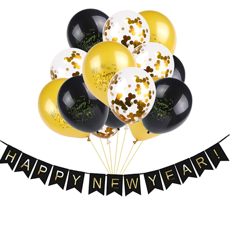 Золотые воздушные шары с новогодним баннером, вечерние украшения года, реквизит для фотостудии, бумажные соломинки для напитков