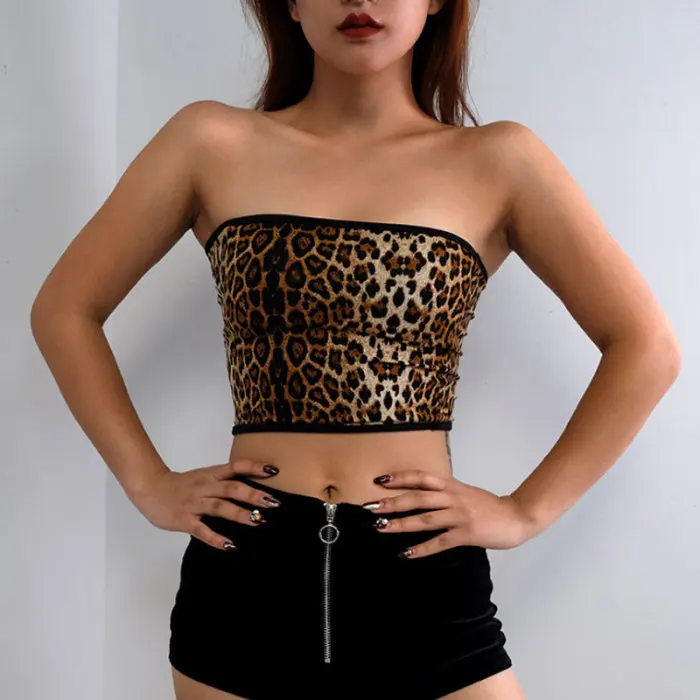 Newly Ladies Short Top Strapless Leopard Print Slim Fit Crop for Summer FIF66