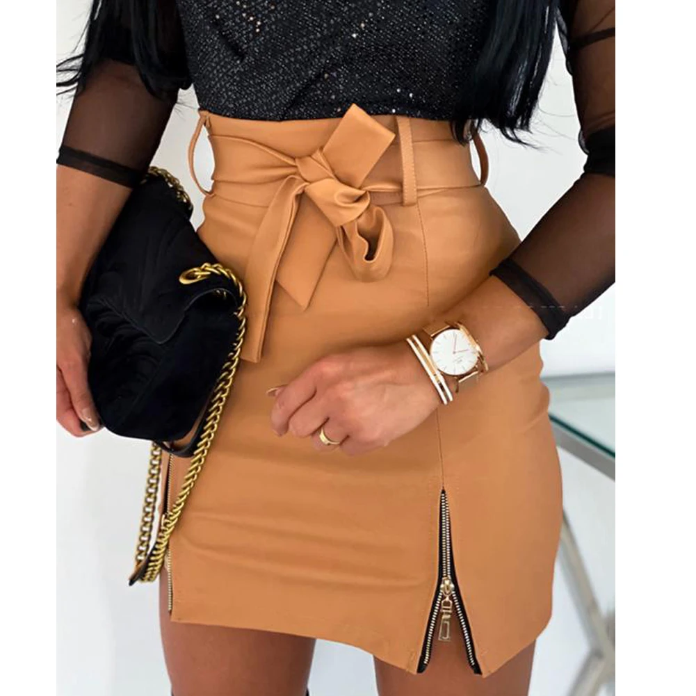 Fashion Women Skirt Mini Slim Skirt High Waist Office Ladies PU Leather Pencil Bodycon Skirt