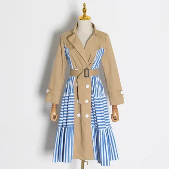 

HIGH STREET 2020 Designer Trench Women's Striped Patchwork Stylish Trench Coat