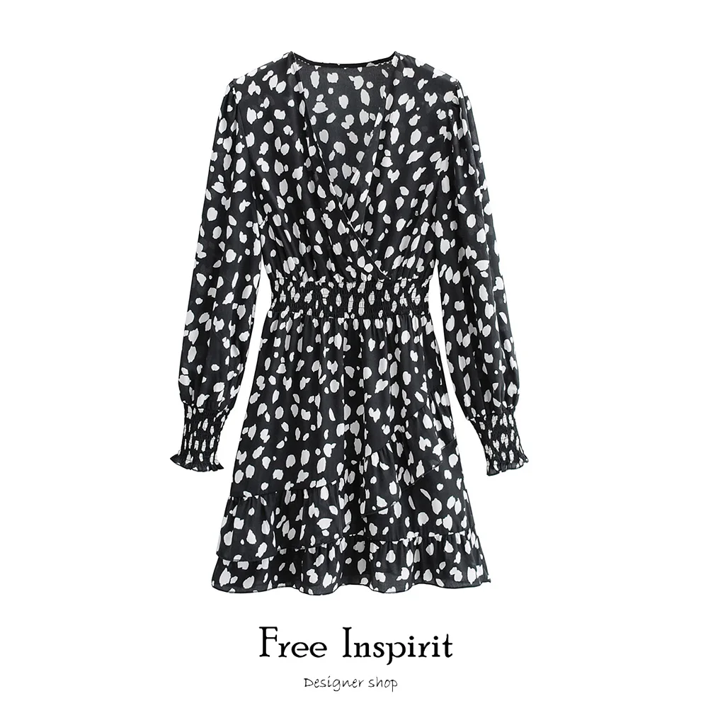 

Free Inspirit Autumn Casual Style Women's Dress Full Sleeve Loose Dress Elastic Waist V-neck Prints Knee-length Dress