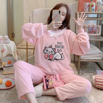 

Winter Pajamas Women Korean Sleepwear Cute Cartoon Flannel Pajamas Set Velvet Warm Pijama Round Neck Pyjama Homewear Women