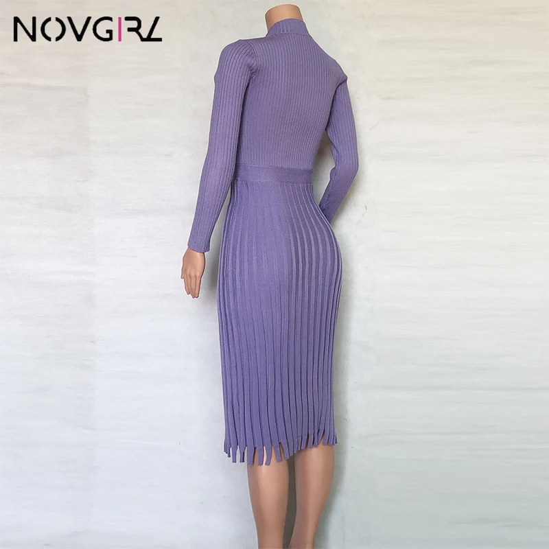 Novgirl, Осень-зима, свитер, плиссированное платье для женщин,, модные вязаные платья средней длины с длинным рукавом, платье трапециевидной формы, платья для офисных леди
