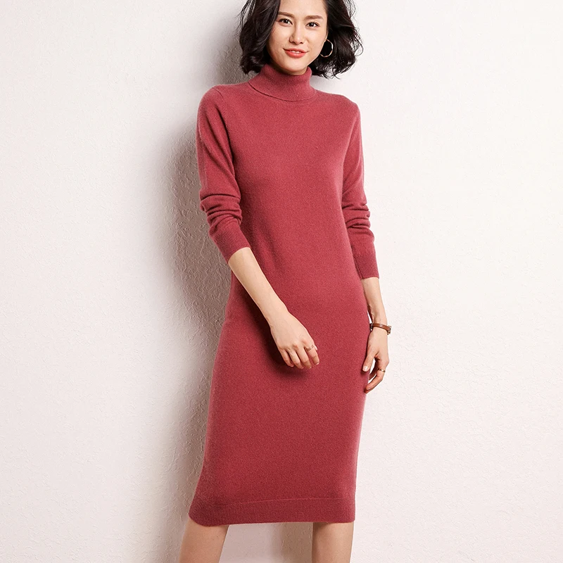 Новое Осеннее женское платье с высоким воротом длиной до колена, кашемировый свитер, цельнокроеное платье, повседневное однотонное облегающее милое женское платье-свитер - Цвет: dou  sha
