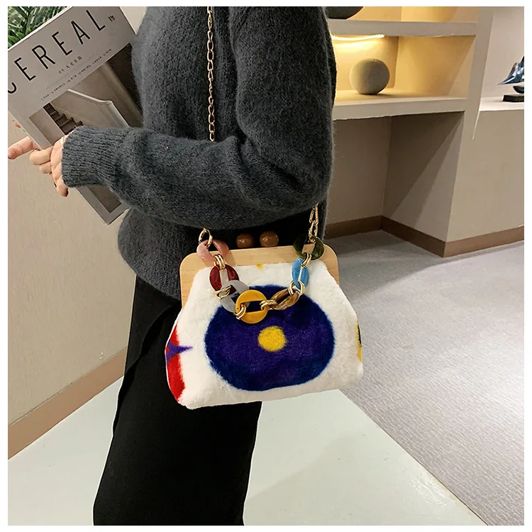 Crossbody Bags Women Wood Clip Autumn And Winter Plush Handbag Korean Acrylic Chain Shoulder Clutch