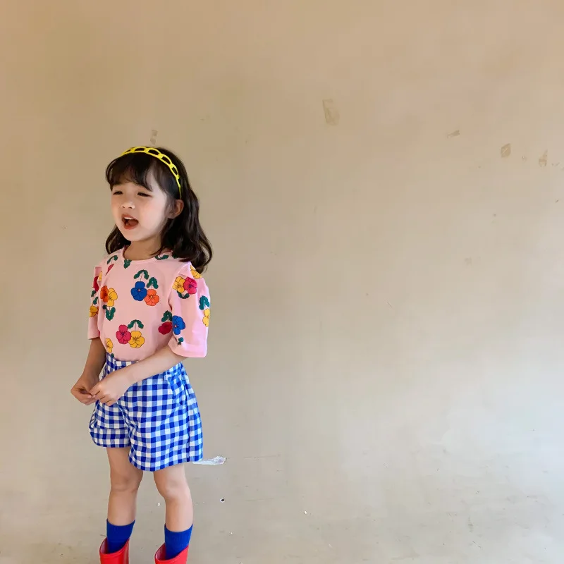 2022 Summer girls cotton floral short sleeve T shirts 1-7 years kids children backless loose casual Tops