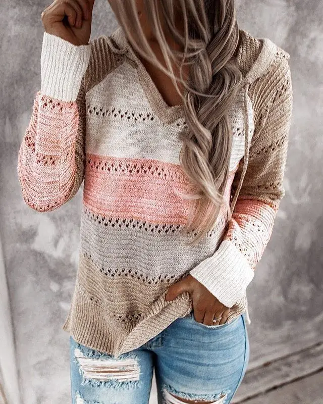 

Women Knitted Hoodies Autumn Striped Hooded Sweatshirt Casual Patchwork V-Neck Long Sleeve Plus Size Female Hoody Pullover Tops