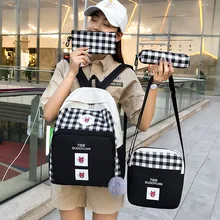 Клетчатая школьная сумка, женский стиль, комплект из четырех предметов, хипстер, водонепроницаемый рюкзак первоклассника, школьная сумка, корейский стиль, для путешествий