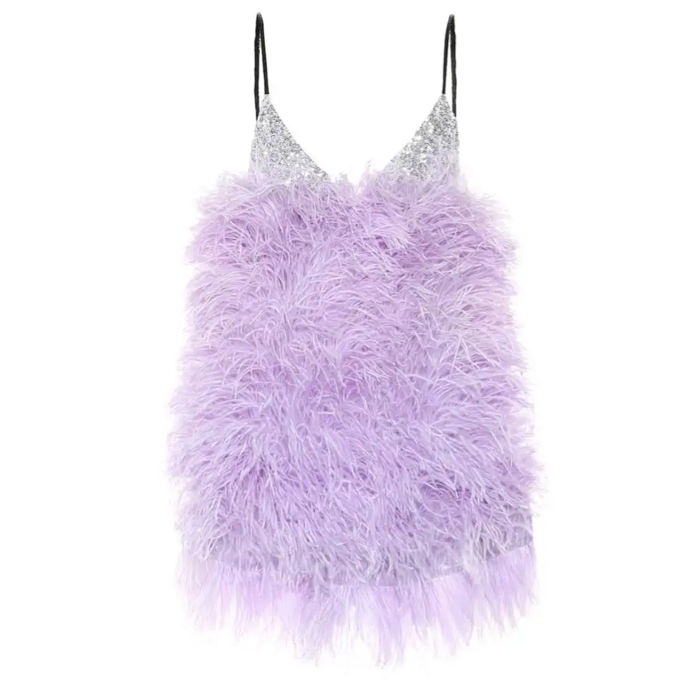 

Gorgeous Sexy Lavender Feather Short Women Dresses With Sparkle Sequin Mini Crystal Straps Mini Party Dress V-neck