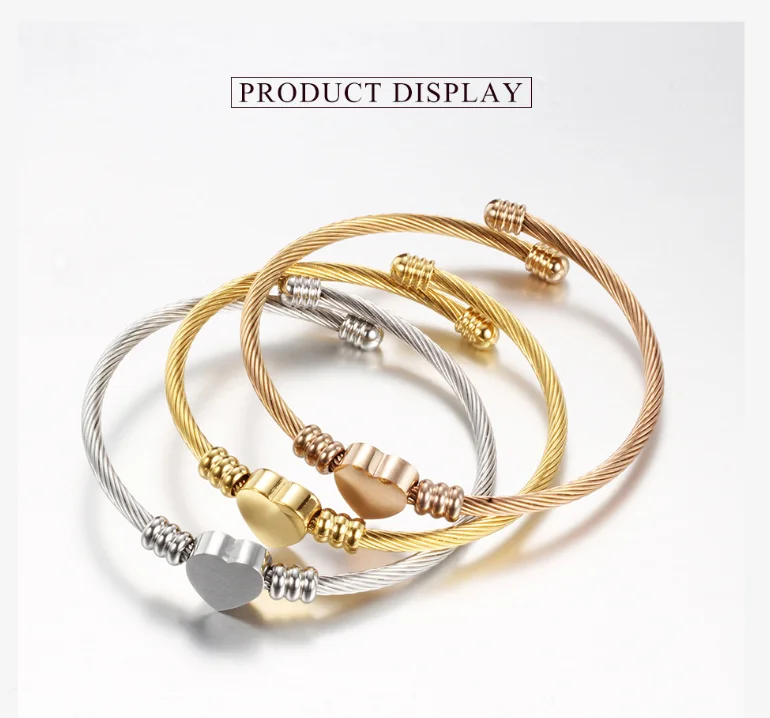

Three color stainless steel wire woven Bracelet cable cable titanium steel heart bracelet rose gold