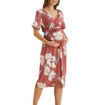 

pregnancy dress Maternity Short Sleeve V-neck Floral Print Nursing Dress Casual high quality With Belt maternity dresses платье