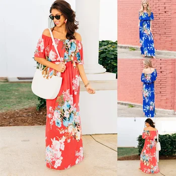 

BacklakeGirls 2020 Summer Beach Dress Women Floral Print Boho Long A Line Casual Boat Neck Sexy Party Dress Robe Femme