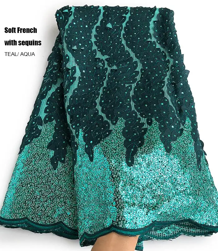 Teal Aqua 5 ярдов Мягкая ручная резка элегантная африканская французская кружевная ткань блестящая Свадебная нигерийская Гана праздничное платье с блестками хороший выбор - Цвет: Teal Aqua