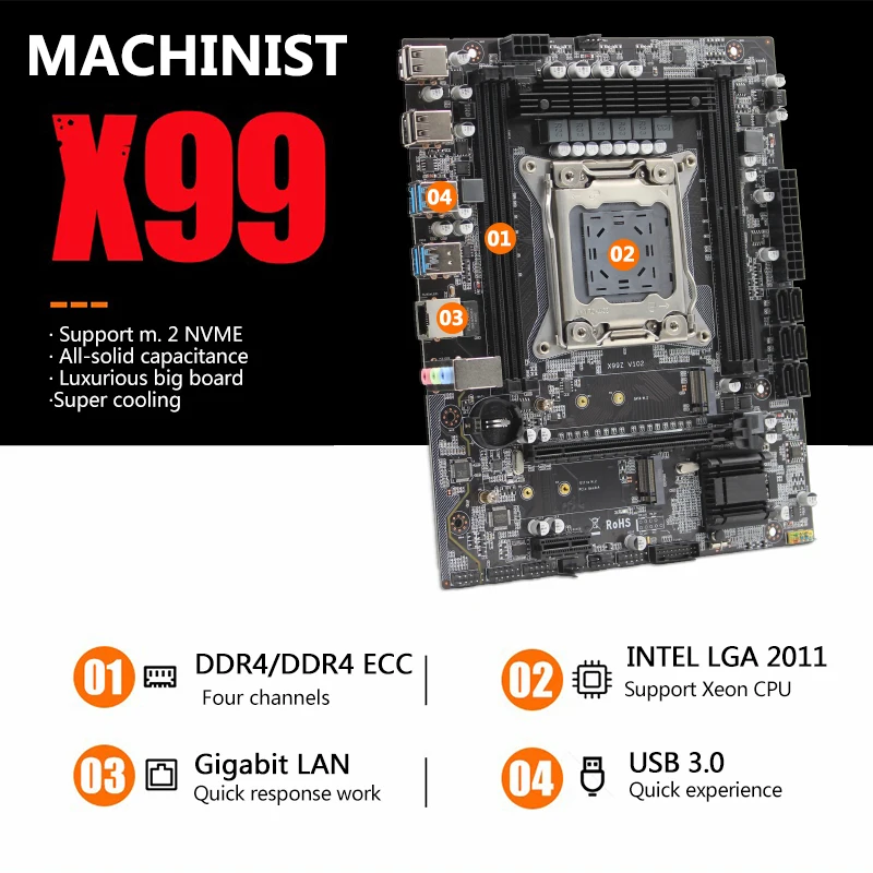 Машинист X99 настольная материнская плата LGA 2011-3 LGA2011 с двумя слотами M.2 NVME Поддержка четырех каналов DDR4 ECC SATA3.0 USB3.0