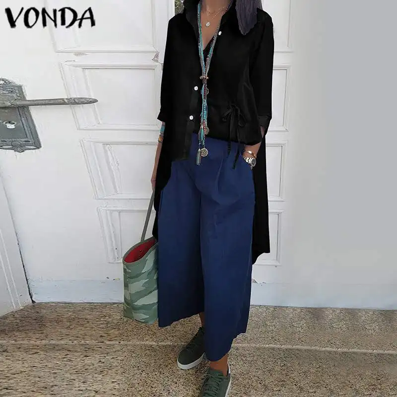 VONDA, асимметричная блузка, женские топы с отворотом, вечерние рубашки, весна-лето, Женская Повседневная блуза размера плюс, туника, пляжные Топы