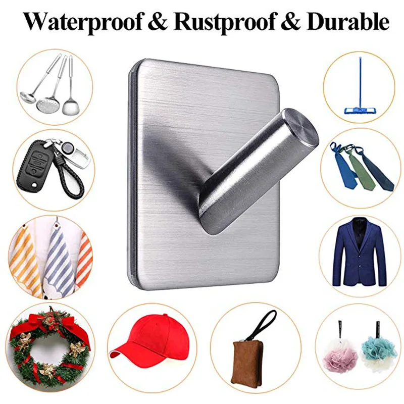 WALFOS 3M Self Adhesive Wall Door Back Hooks Heavy Duty Stainless Steel Clothes Hanger Bathroom Kitchen Towel Rustproof Hook 4