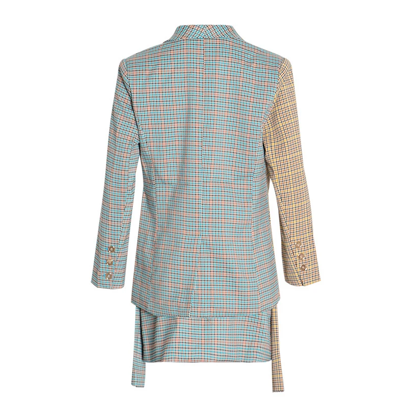 ECRURANI Plaid Casual Two Piece Set For Women Lapel Long Sleeve Coat High Waist Lace Up Mini Skirt Elegant Sets Females 2021 New