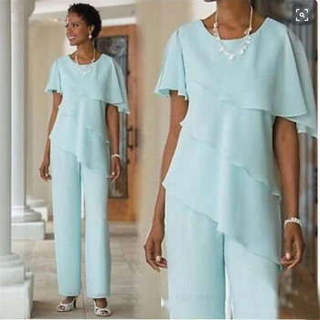 

New Mother of the Bride Dresses Pants Suits Wedding Guest Dress Blue Two Pieces Chiffon Short Sleeve Mother of Bride Pant Suits