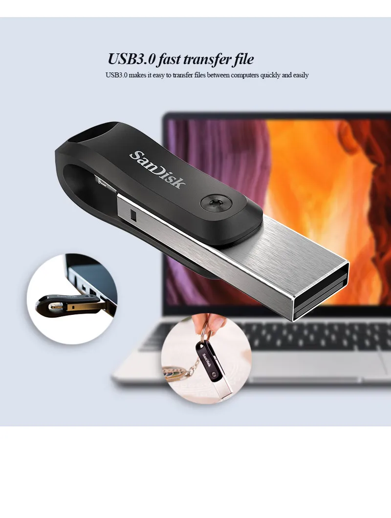 SanDisk флэш-накопитель 128 ГБ 256 ГБ iXpand Go USB 3,0 Флешка карта памяти Металл OTG двойной слот U диск для iPhone/iPad/PC