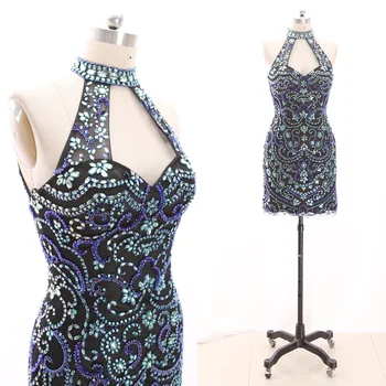 

MACloth Black Pencil High Neck Knee-Length Short Crystal Tulle Prom Dresses Dress M 269029 Clearance