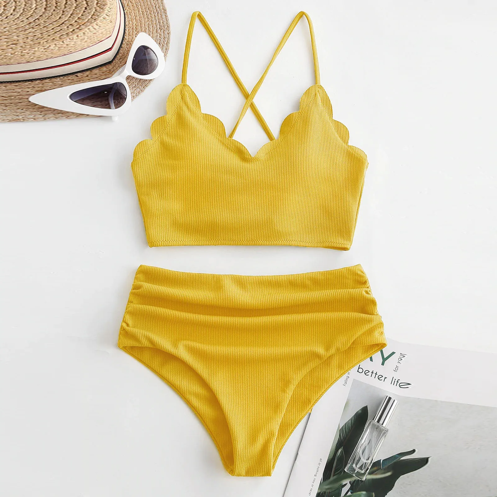 2pcs Women Swimsuits Bikini Set Push-Up Padded Top High Waist Pure Color Lace Cross Bandage Thong Swimwear Sexy Beachwear 2021 | Женская