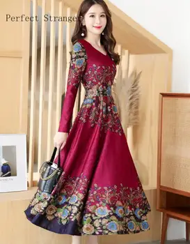 

2020 Spring New Arrival High Quality Plus Size M-3XL V Collar Fower Printed Long Sleeve Women Long Dress