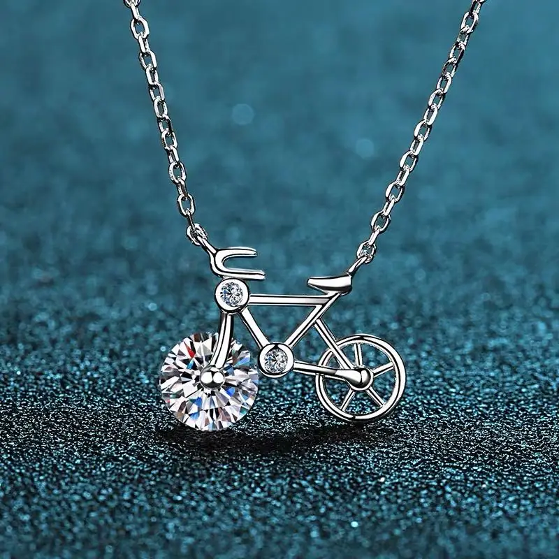 

S09-013 Moissanitee Zircon Crystal bicycle Necklace 925 Sterling Silver Necklace Chockers Pendants necklaces