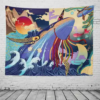 

Japanese Psychedelic Ukiyo-e Tapestry Wall Hanging Farmhouse Dorm Decor Colorful Fish Wall Tapestry Thin Beach Towel Bedspread