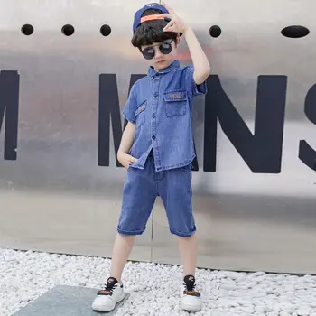 

hot sale baby boys clothes sets 2-13 years old summer 2-pieces-sets Denim 2-piece large pocket wash boys shirt and Short sleeve
