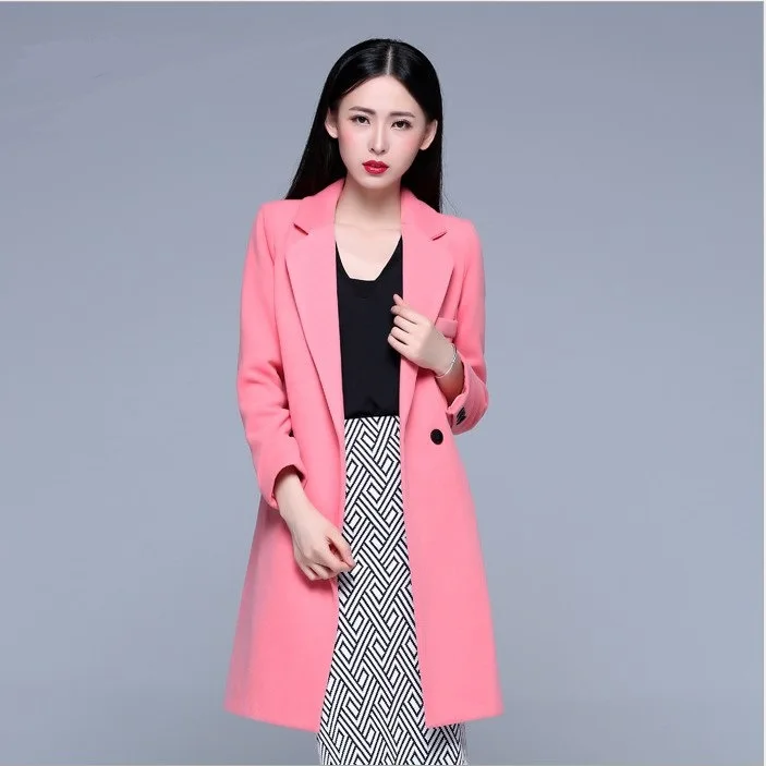 Manteau Hiver зимнее пальто женское элегантное теплое шерстяное пальто с одной пуговицей длинное пальто бежевого, розового, черного цвета abrigos mujer DF610