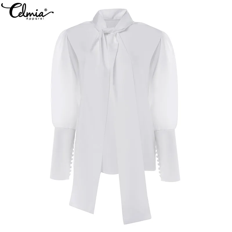  Women White Blouses Plus Size Tops Celmia Ladies Turtleneck Long Sleeve Work Shirts Casual Long Tie